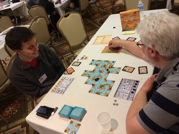 Tom Rosen (left) and Larry Levy from Opinionated Gamers play Akrotiri!